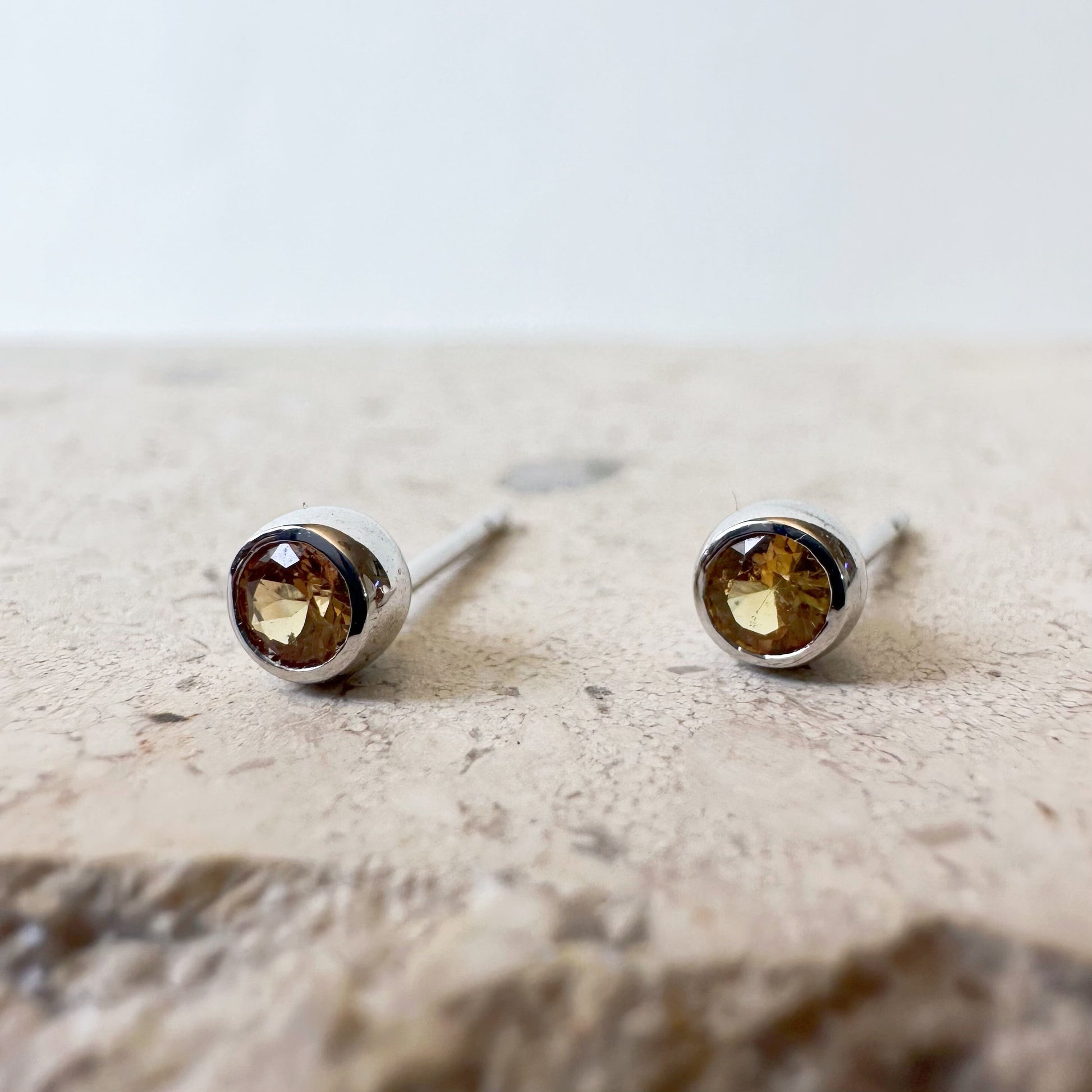 14K Solid Gold Genuine Yellow Sapphire Round Bezel Studs/Pair