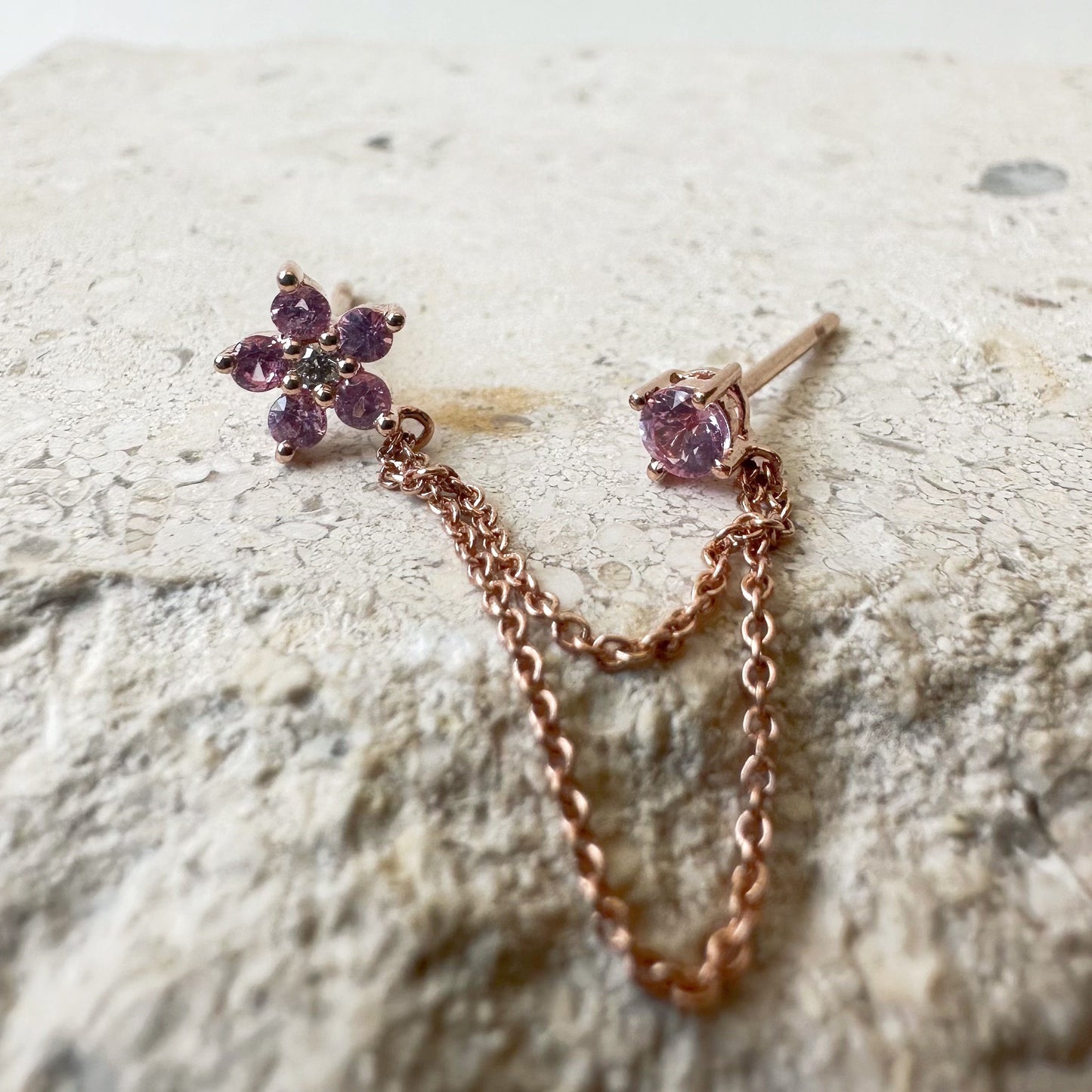 14K Solid Gold Genuine Pink Sapphire and Diamond Flower Double Piercing Chain Earrings/Pair