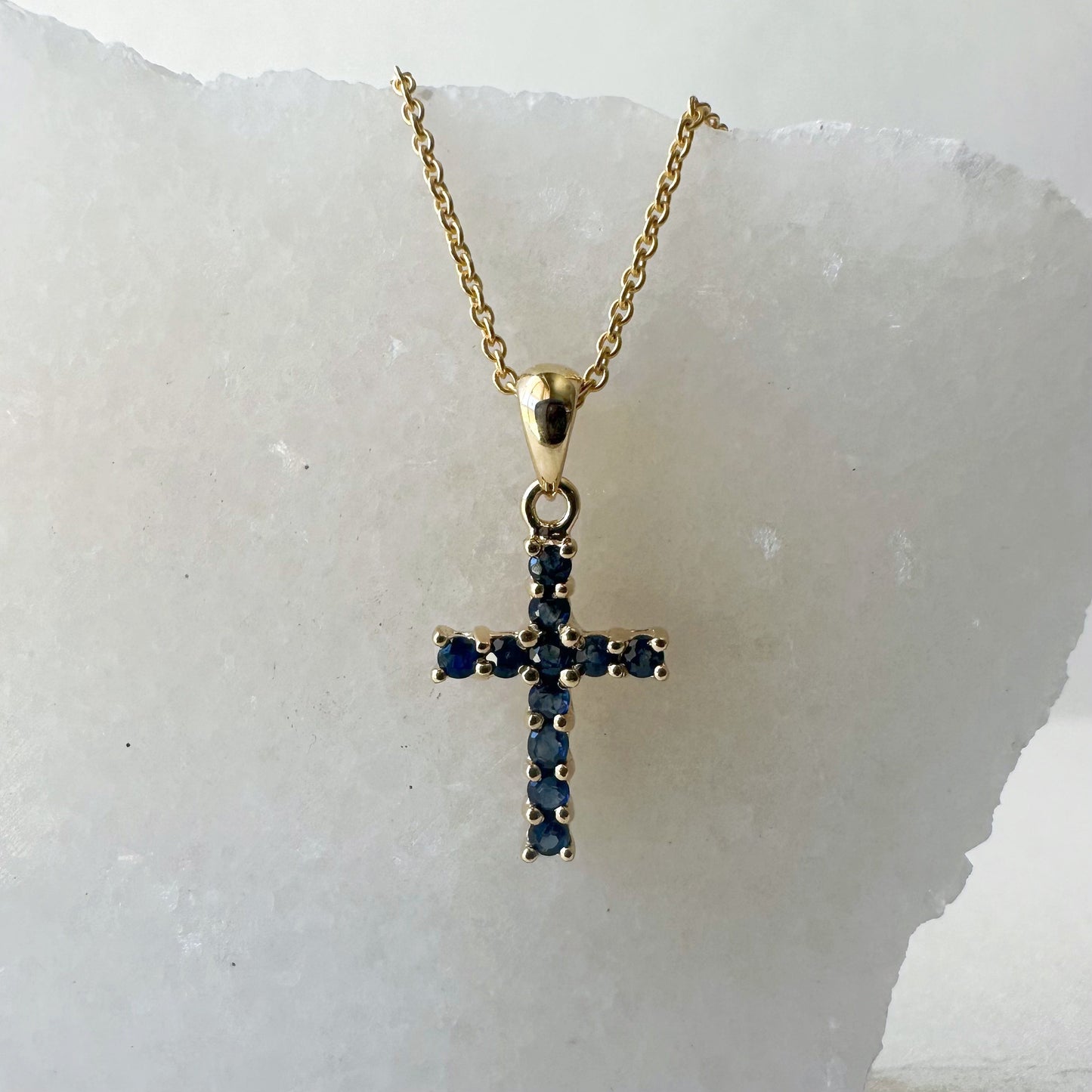 14K Solid Gold Sapphire Cross Pendant