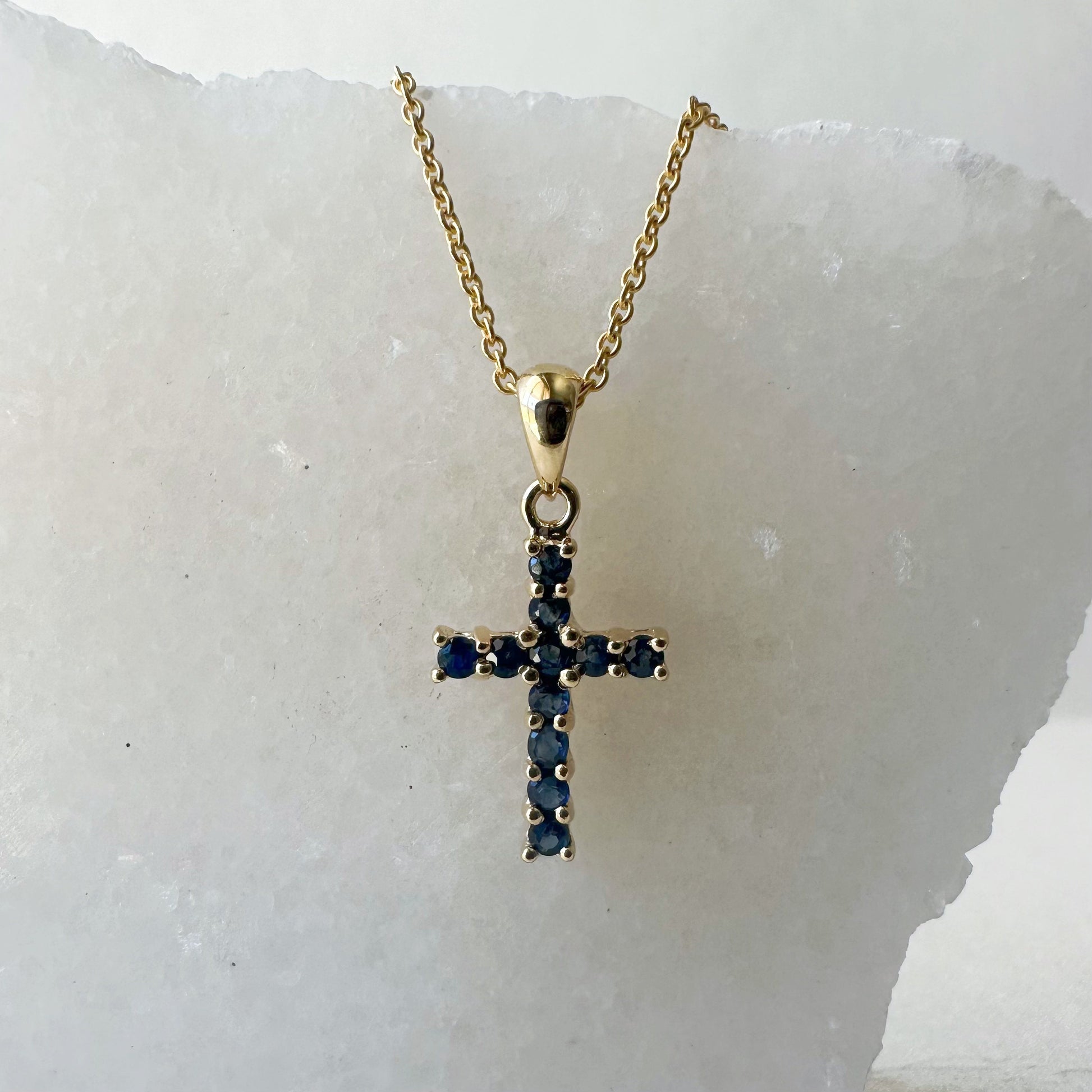 14K Solid Gold Sapphire Cross Pendant