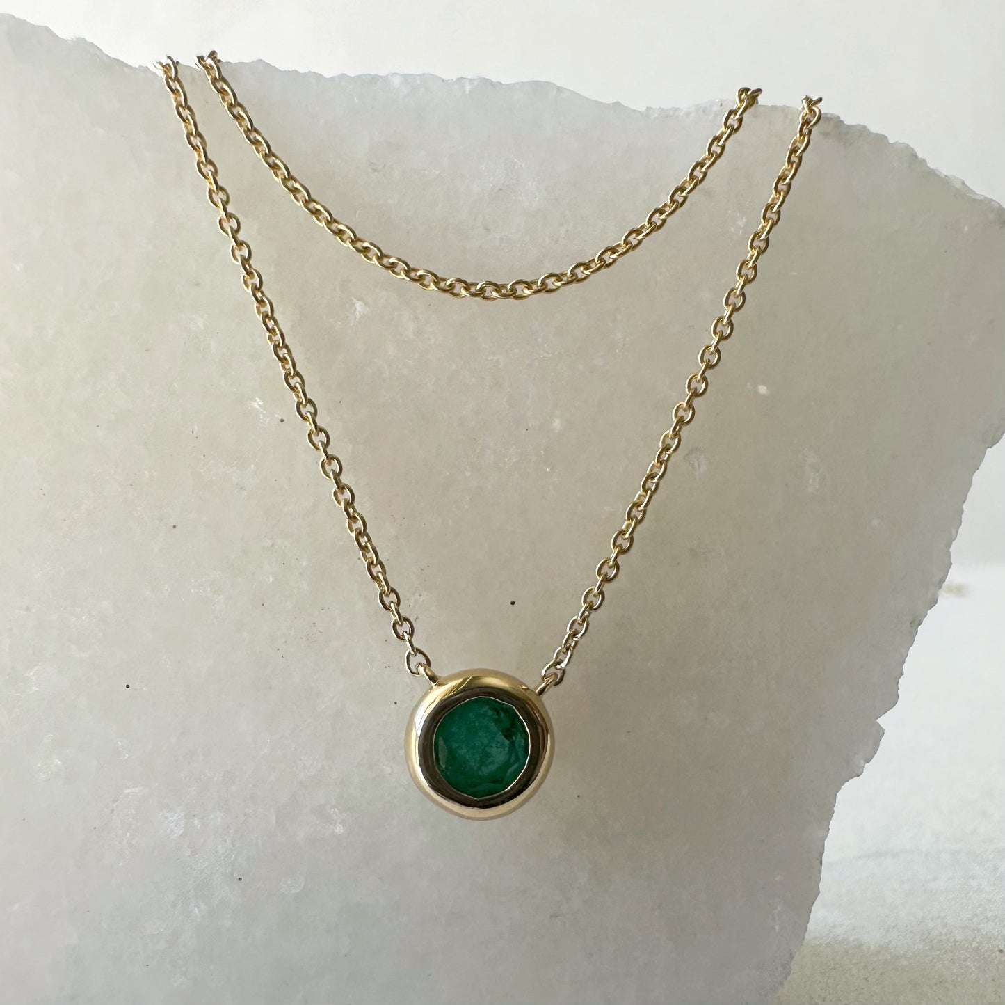 14K Solid Gold Genuine Emerald Bezel Double Chain Necklace