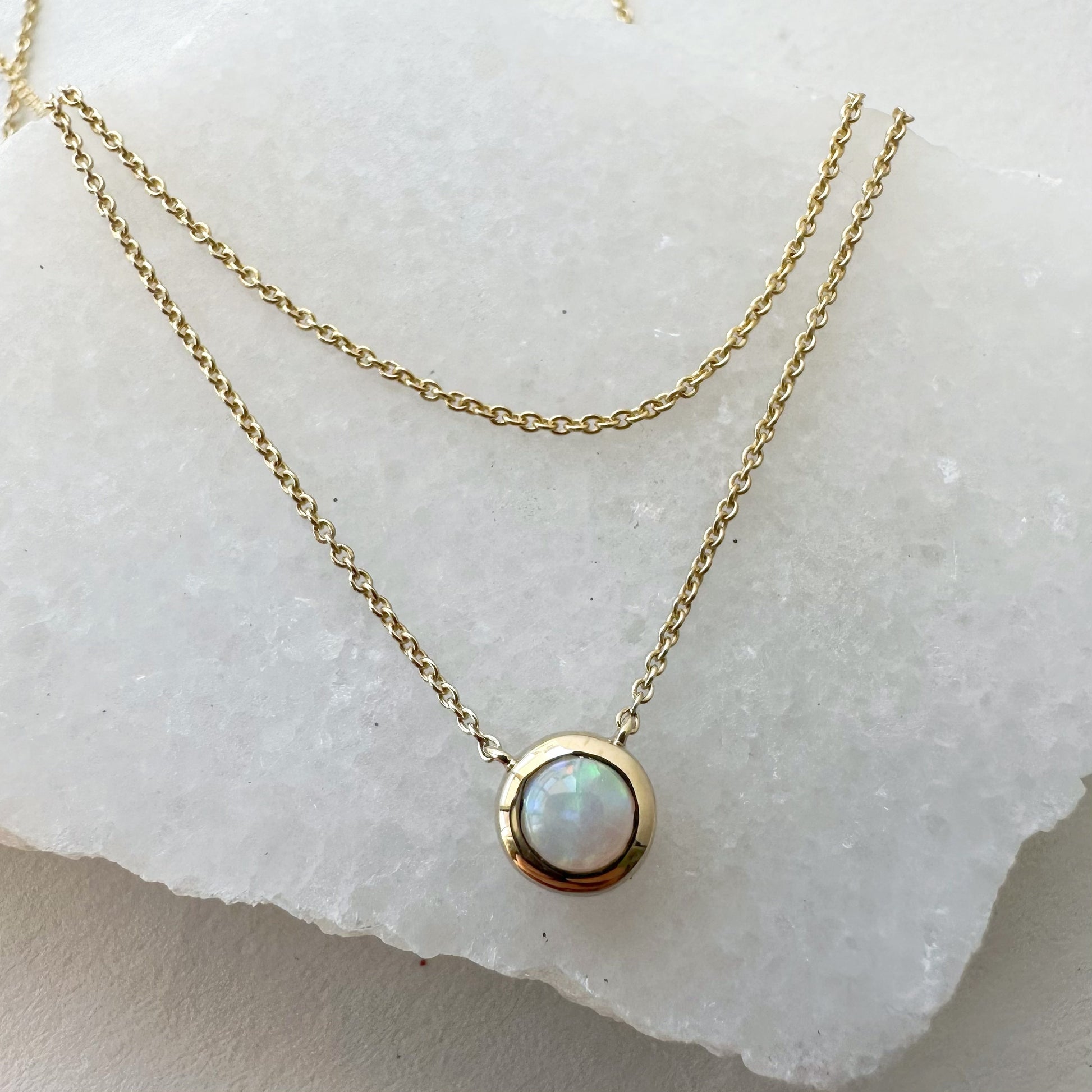 14K Solid Gold Genuine Opal Bezel Double Chain Necklace