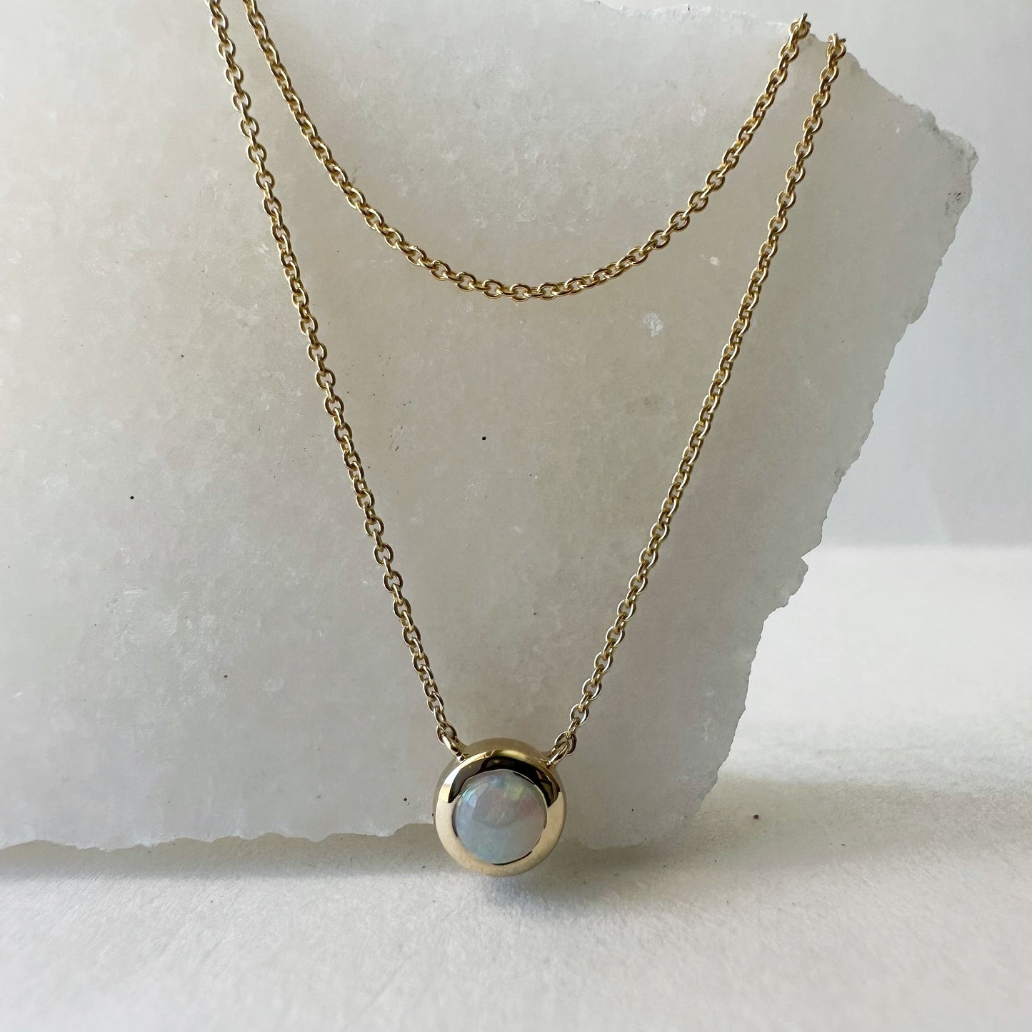 14K Solid Gold Genuine Opal Bezel Double Chain Necklace