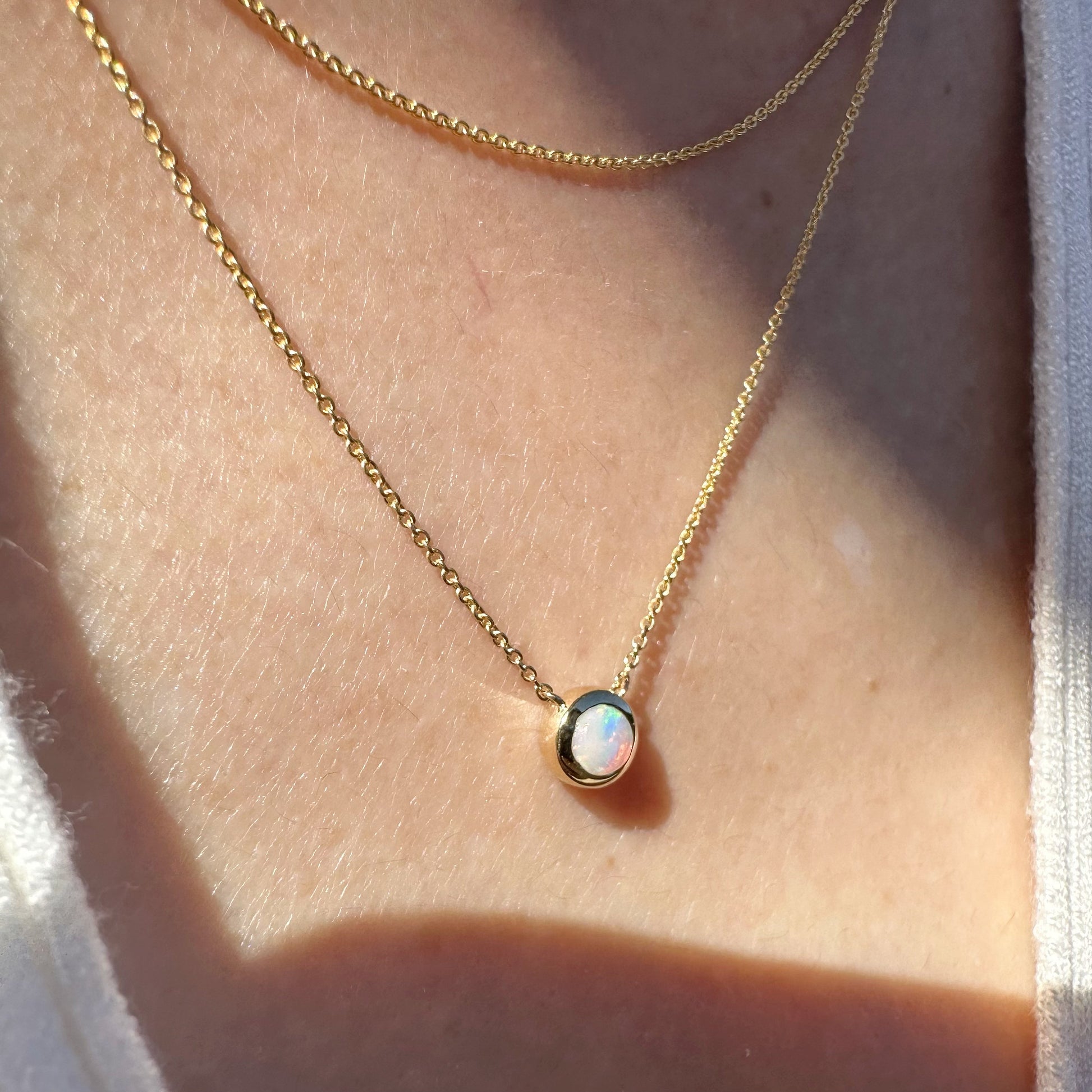 14K Solid Gold Genuine Opal Bezel Double Chain Necklace