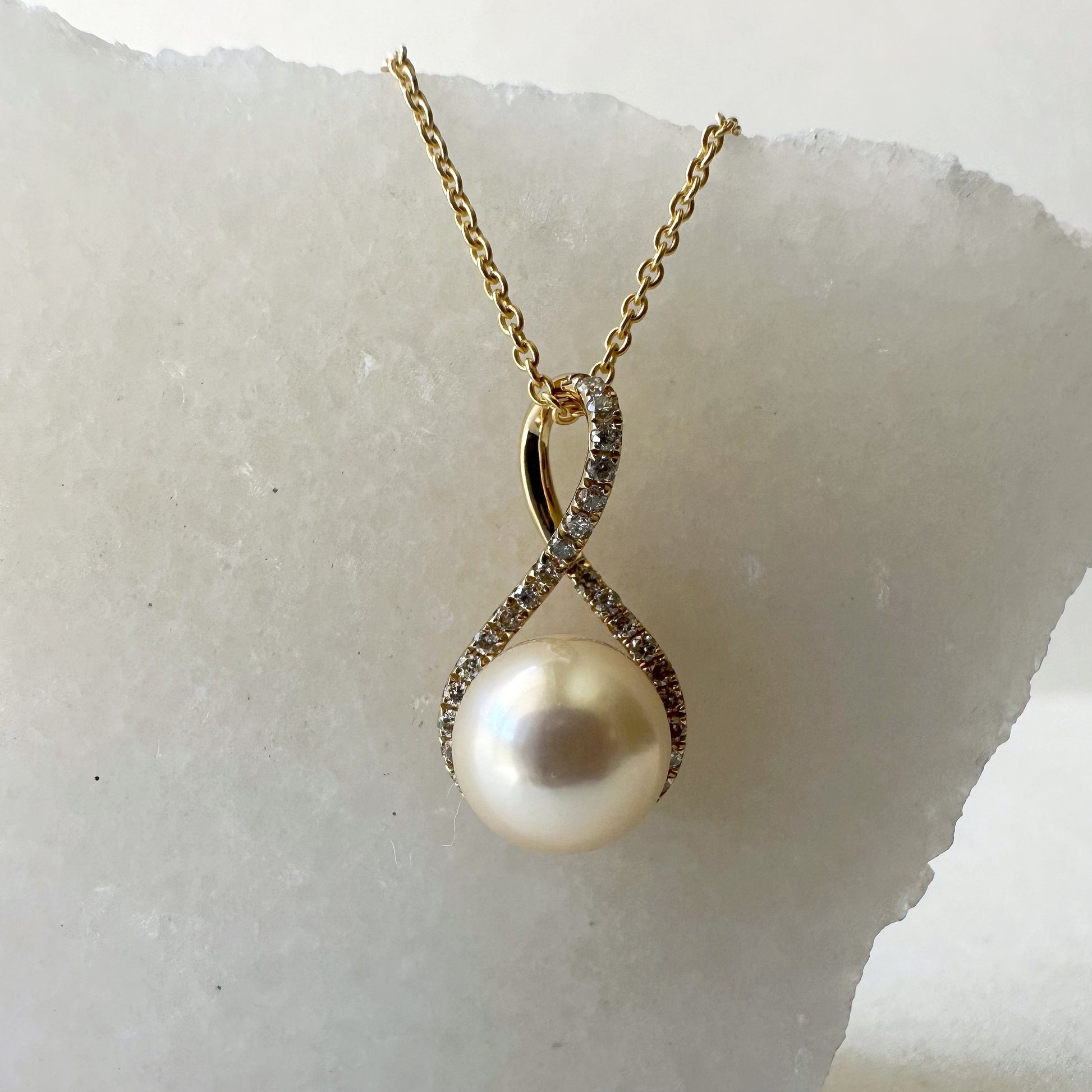 14K Solid Gold Genuine Diamond and Pearl Twist Pendant