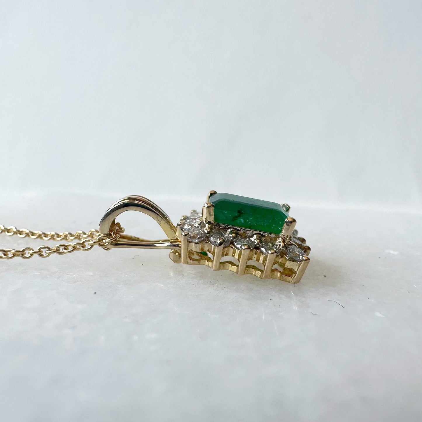 14K Solid Gold Genuine Emerald and Diamond Emerald Cut Pendant