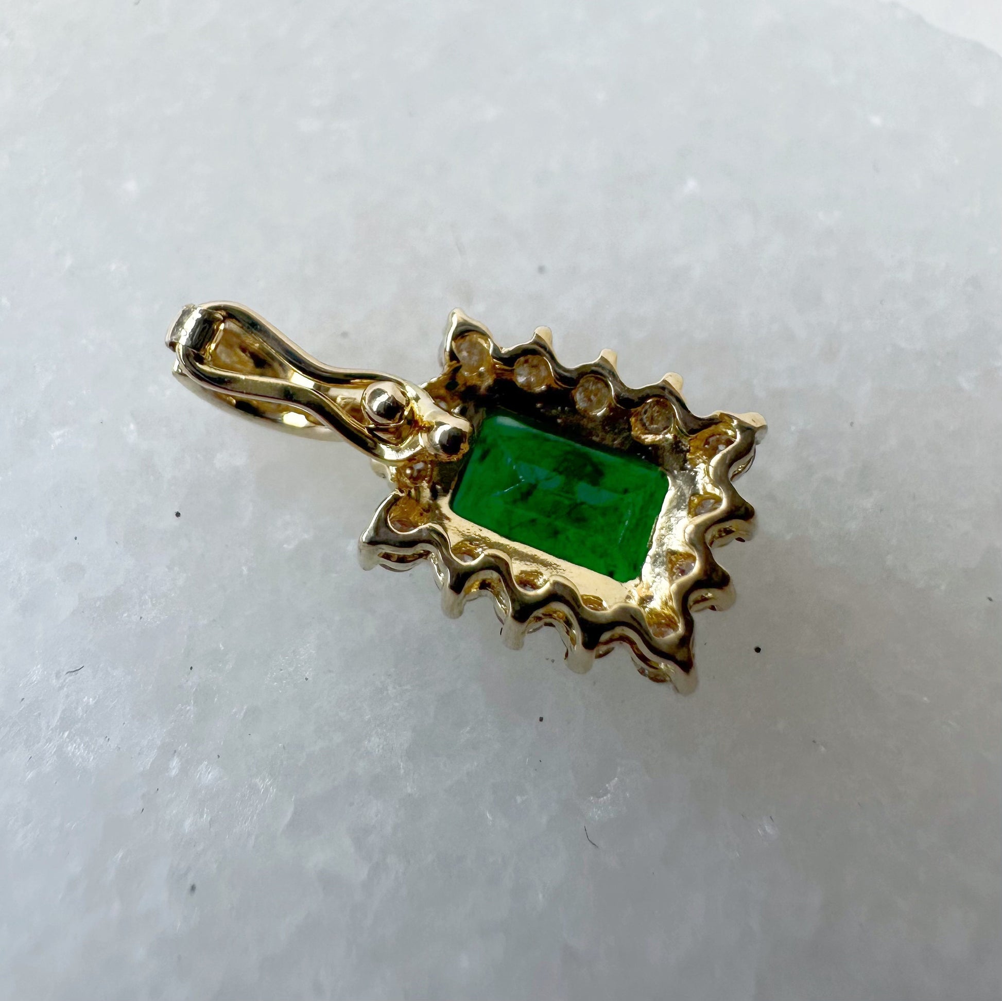 14K Solid Gold Genuine Emerald and Diamond Emerald Cut Pendant