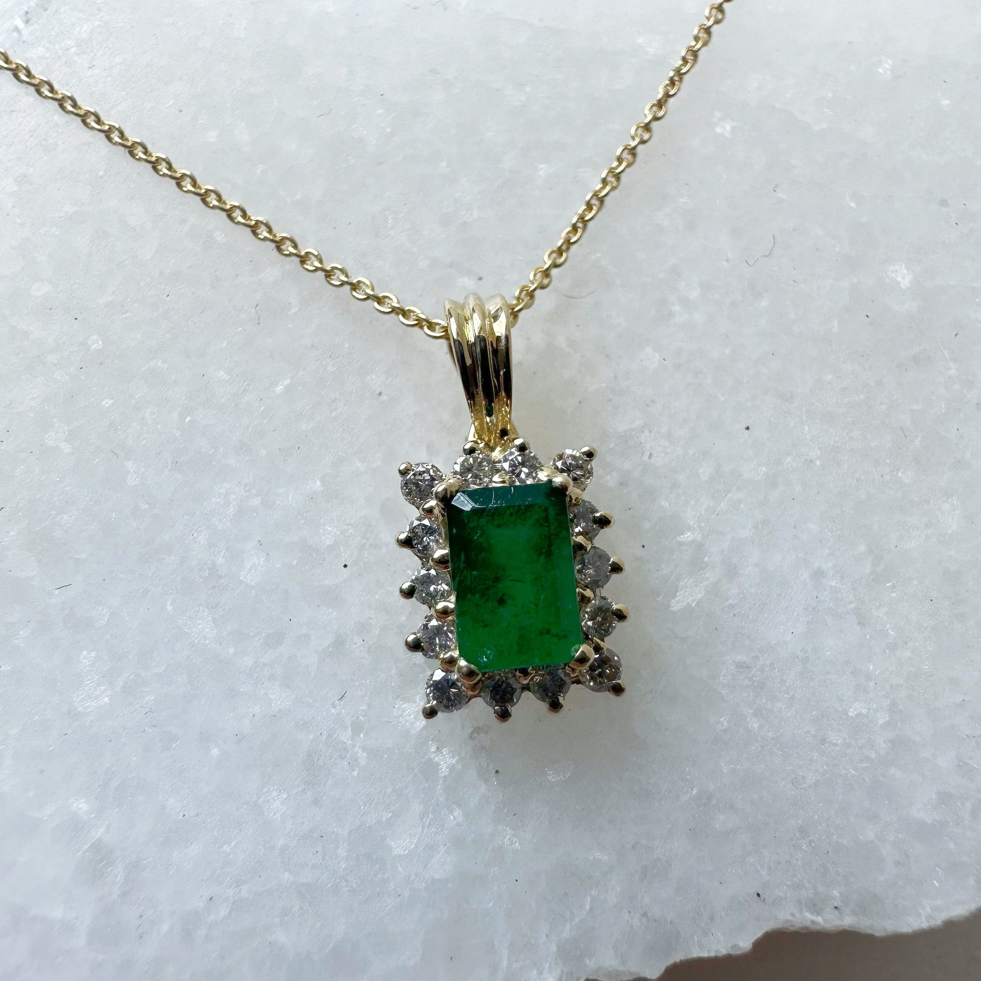 14K Solid Gold Genuine Emerald and Diamond Emerald Cut Pendant