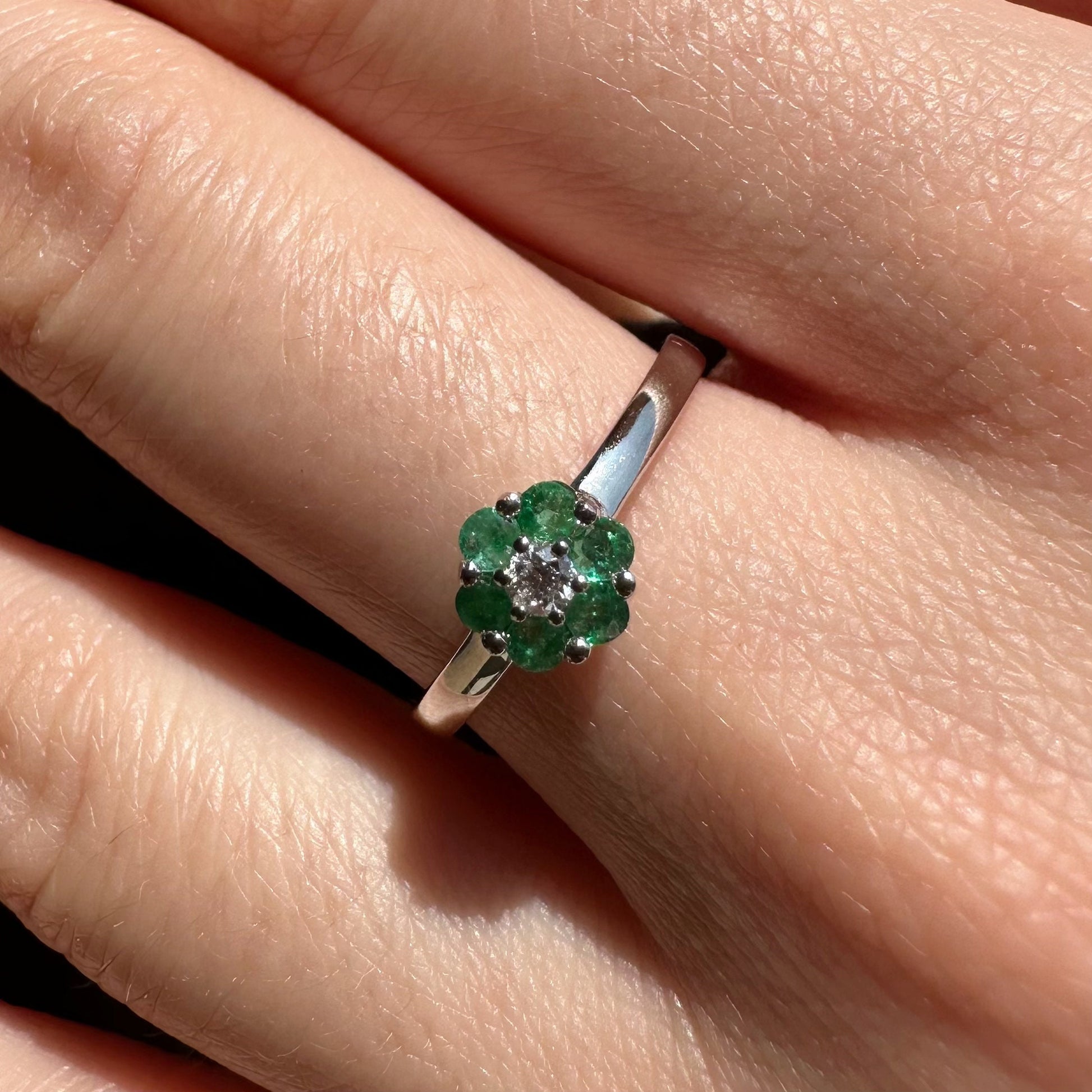 14K Solid White Gold Genuine Emerald and Diamond Flower Ring
