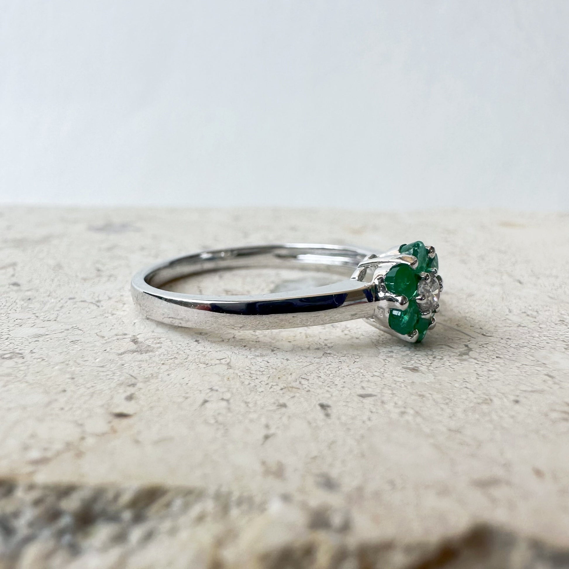 14K Solid White Gold Genuine Emerald and Diamond Flower Ring