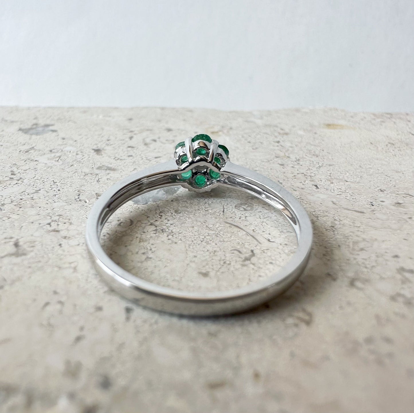14K Solid White Gold Genuine Emerald and Diamond Flower Ring