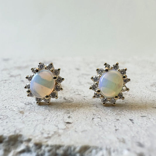 14K Solid Gold Genuine Opal and Diamond Studs