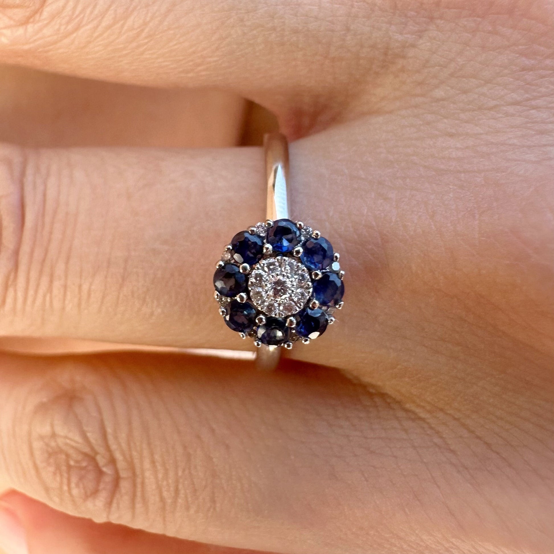 14K Solid White Gold Genuine Sapphire and Diamond Halo Ring/Engagement Ring