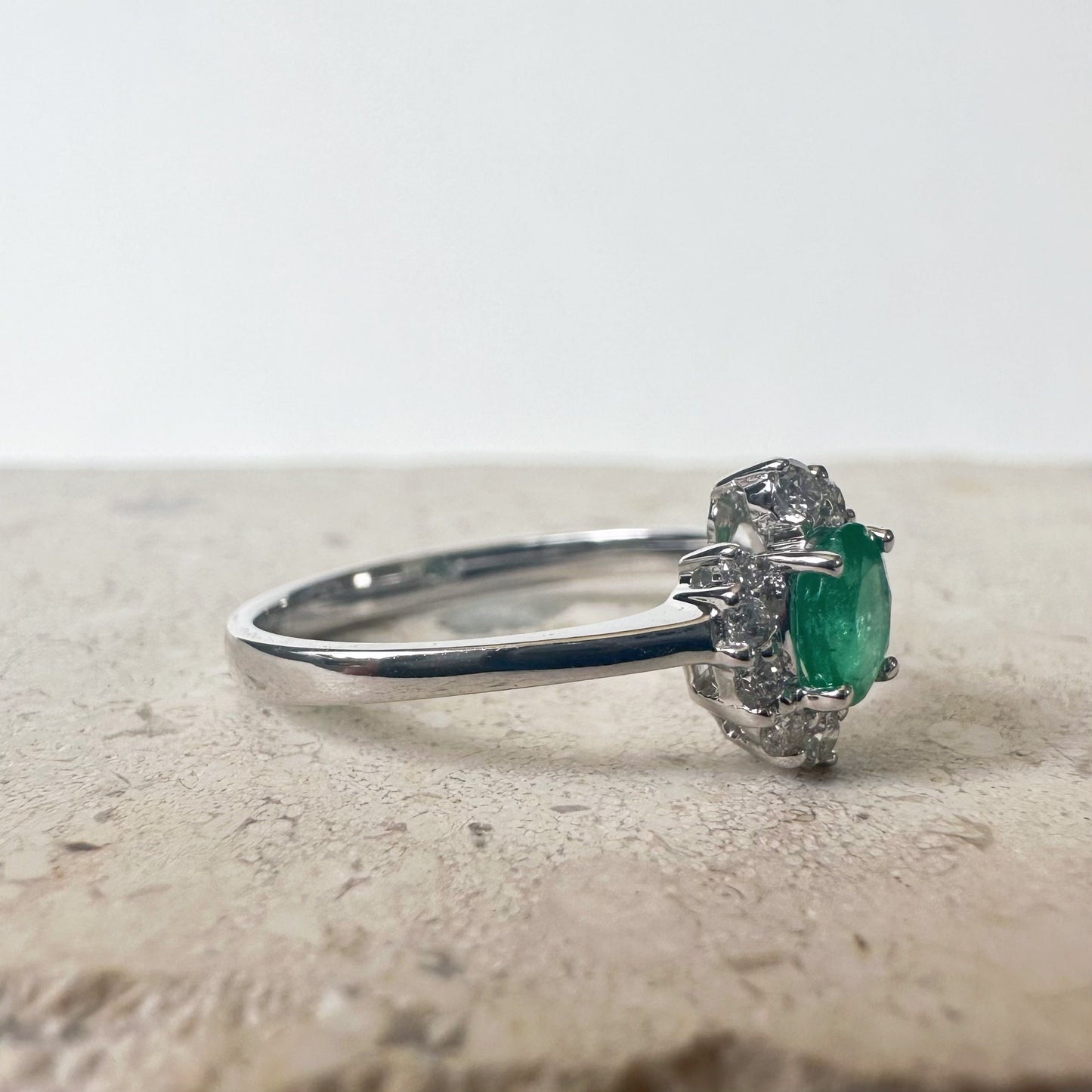 14K Solid White Gold Genuine Diamond and Emerald Swirl Ring