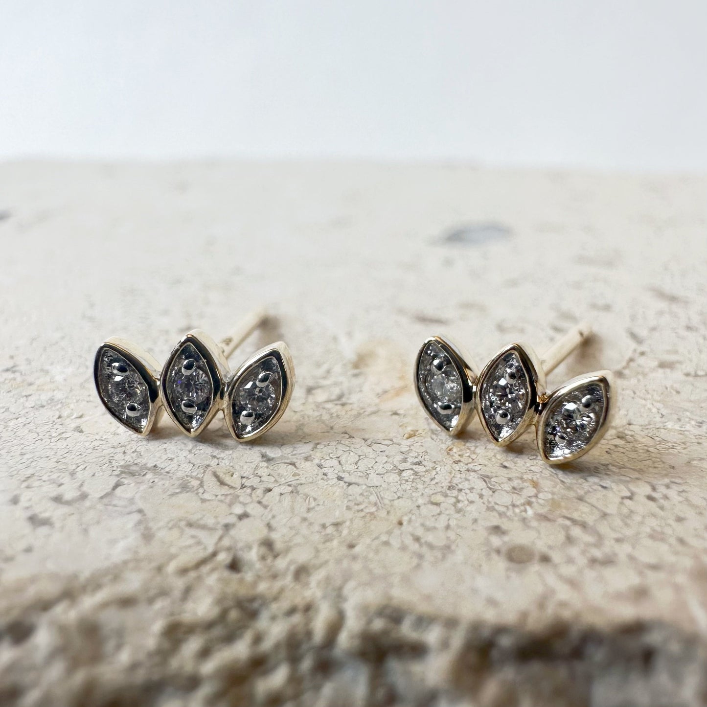 14K Solid Gold Genuine Diamond Bezel Leaf Studs/Pair