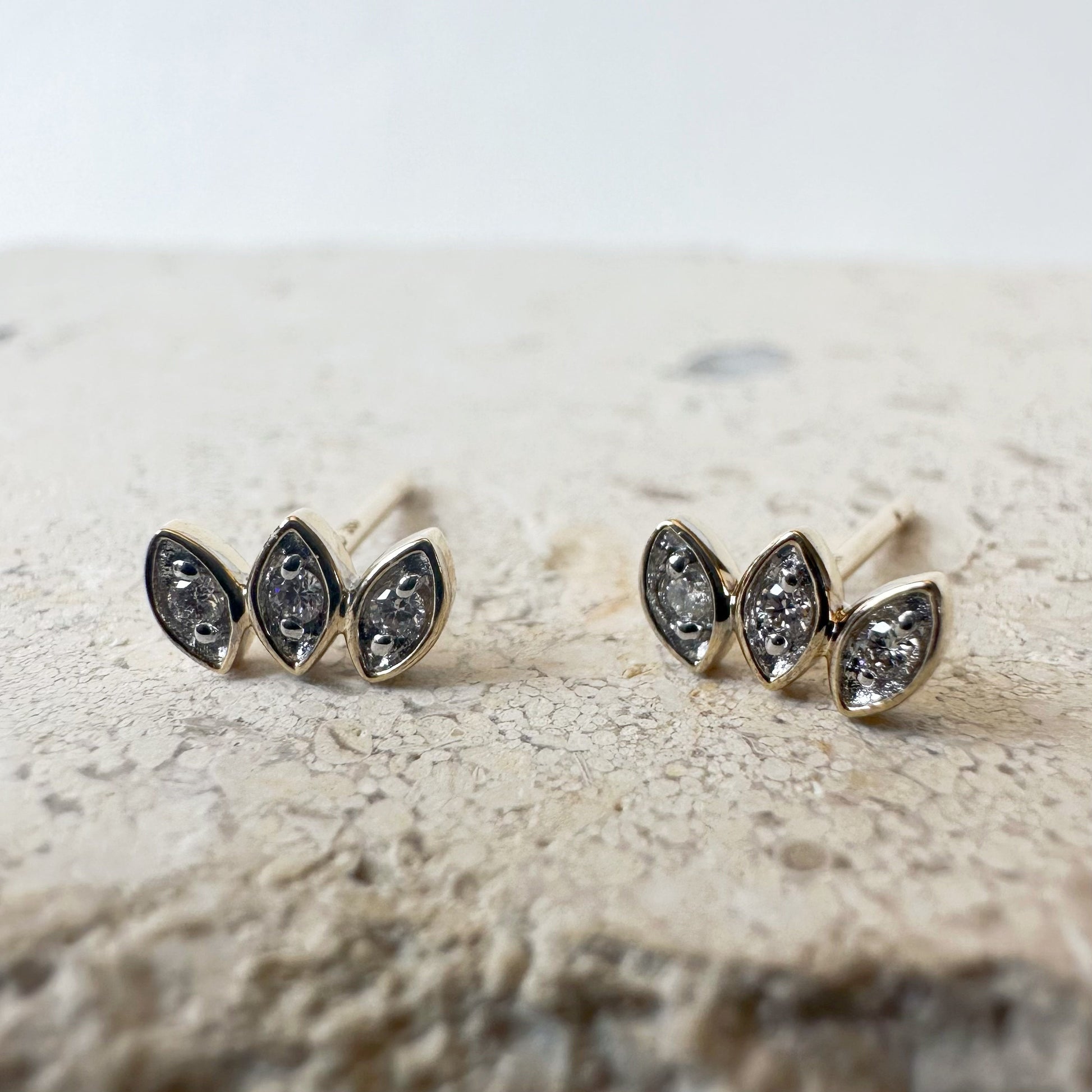 14K Solid Gold Genuine Diamond Bezel Leaf Studs/Pair