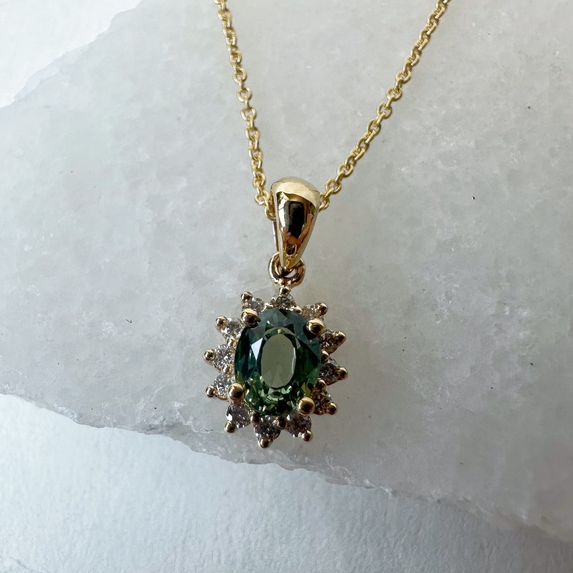 14K Solid Gold Green Sapphire and Diamond Halo Pendant