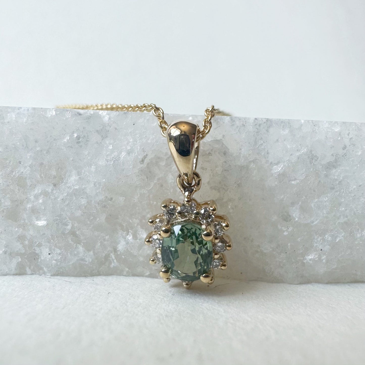 14K Solid Gold Green Sapphire and Diamond Halo Pendant