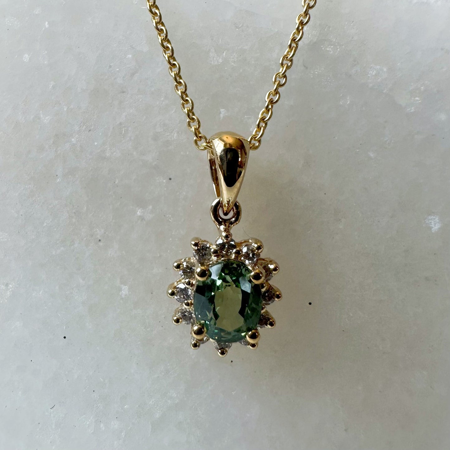 14K Solid Gold Green Sapphire and Diamond Halo Pendant