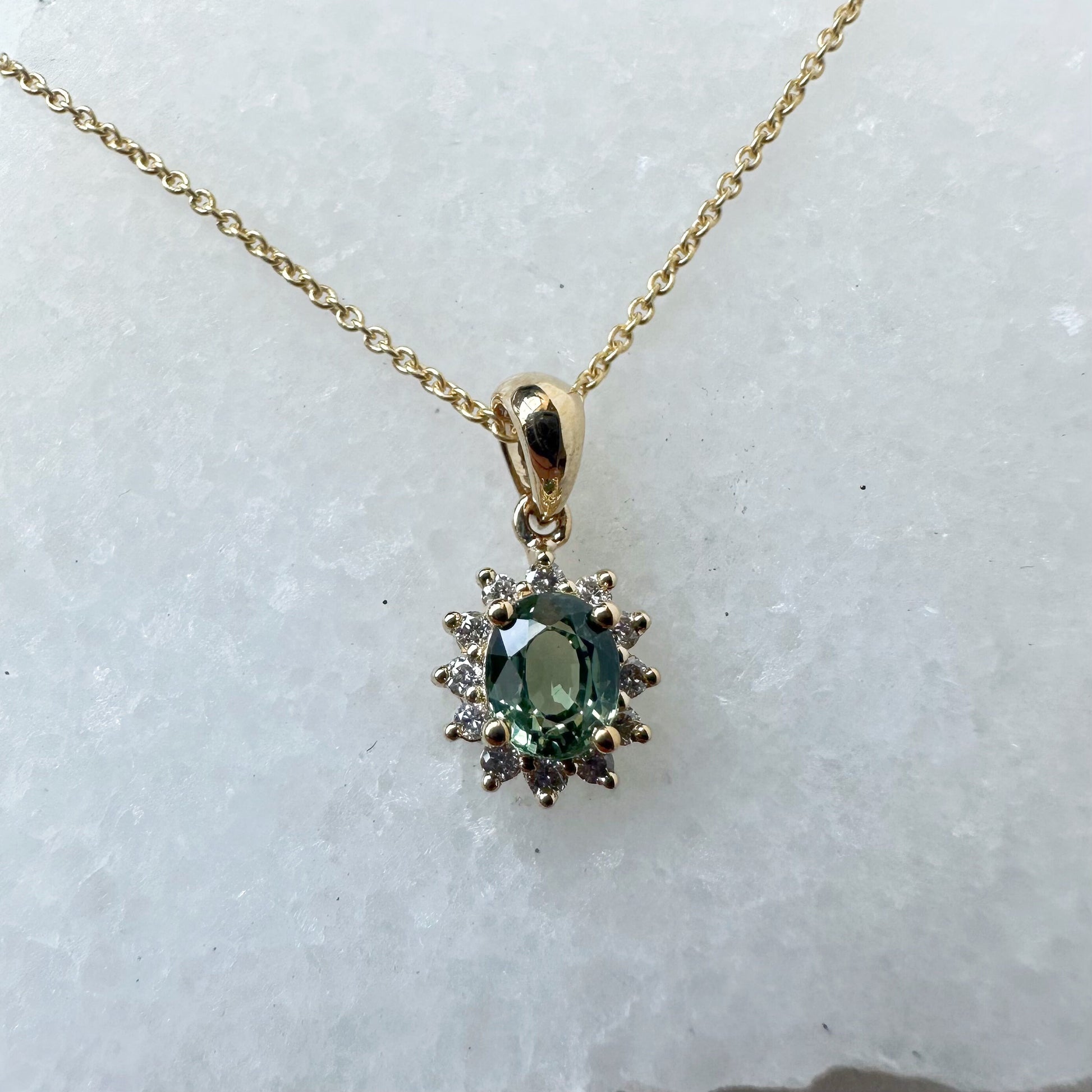 14K Solid Gold Green Sapphire and Diamond Halo Pendant