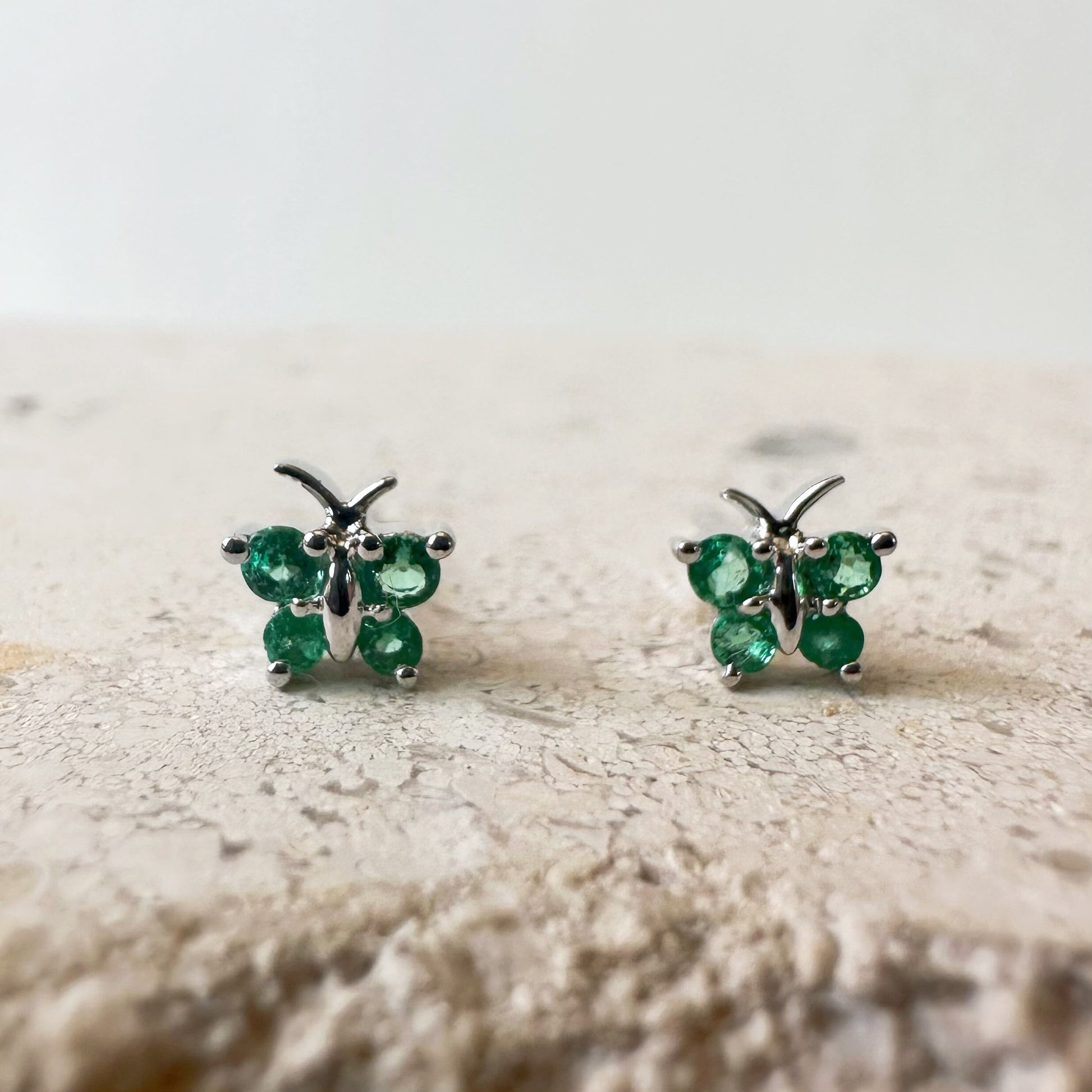 14K Solid Gold Genuine Emerald Butterfly Studs/Pair