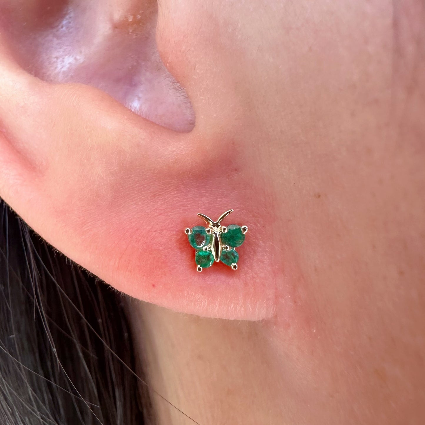 14K Solid Gold Genuine Emerald Butterfly Studs/Pair