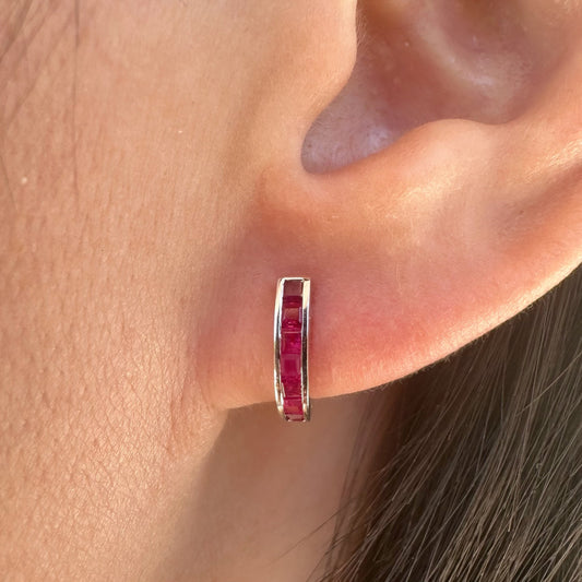 14K Solid White Gold Ruby Huggie Earrings/Pair