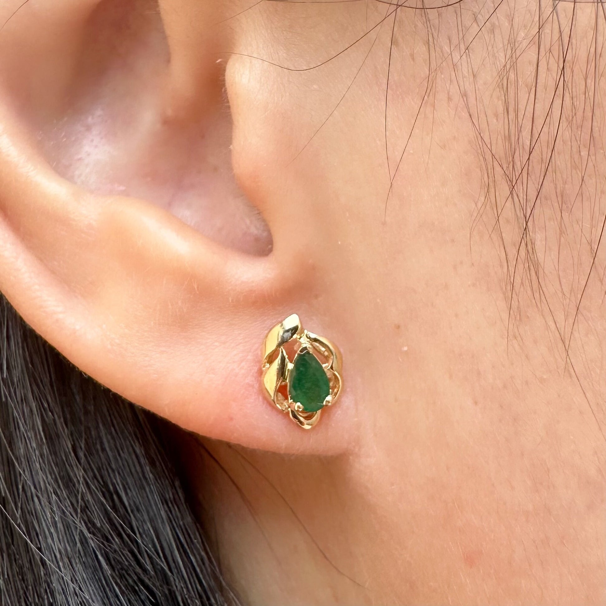 14K Solid Gold Genuine Teardrop Emerald Studs/Pair