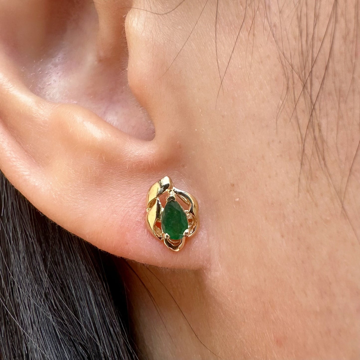 14K Solid Gold Genuine Teardrop Emerald Studs/Pair