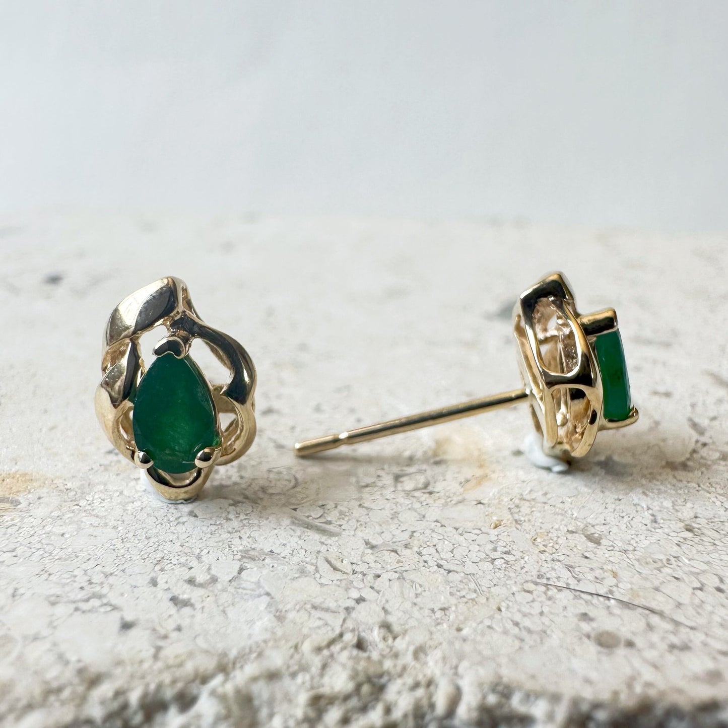 14K Solid Gold Genuine Teardrop Emerald Studs/Pair