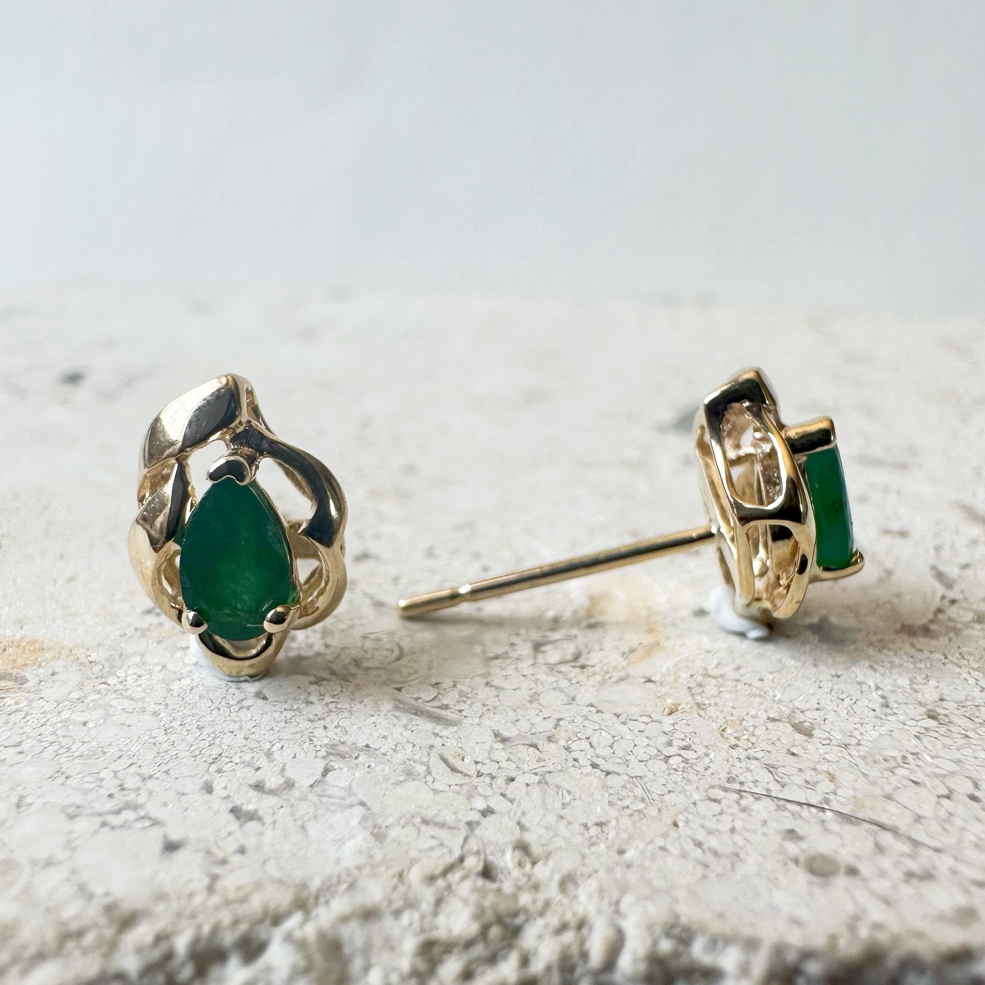 14K Solid Gold Genuine Teardrop Emerald Studs/Pair