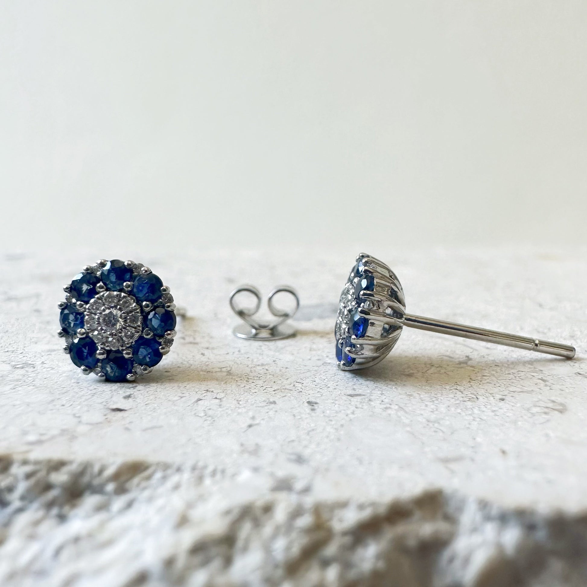 14K Solid White Gold Genuine Sapphire and Pave Diamond Flower Studs/Pair