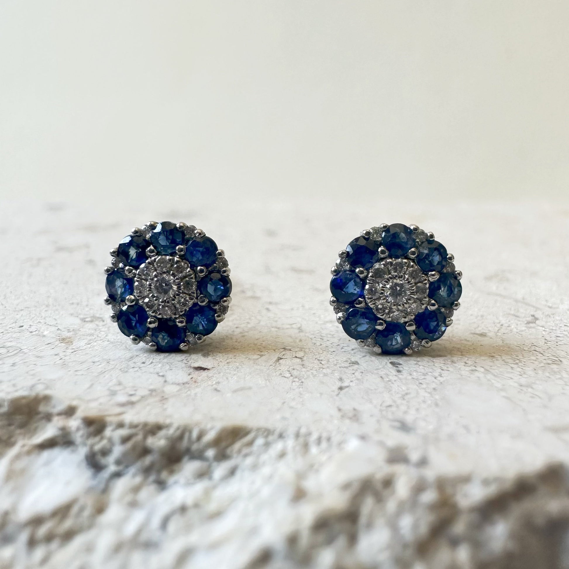 14K Solid White Gold Genuine Sapphire and Pave Diamond Flower Studs/Pair