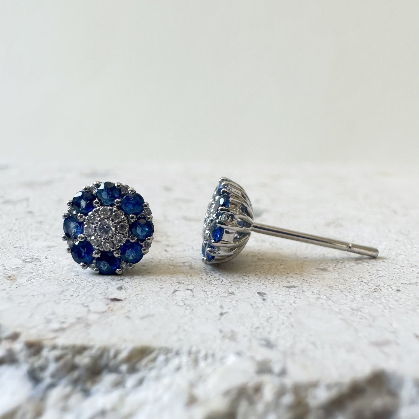 14K Solid White Gold Genuine Sapphire and Pave Diamond Flower Studs/Pair