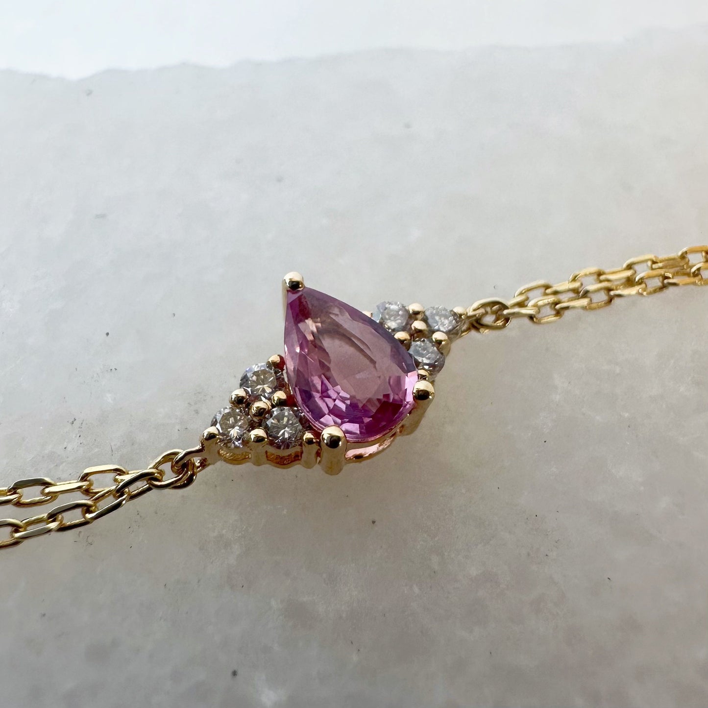 14K Solid Gold Genuine Pink Sapphire and Diamond Double Chain Bracelet