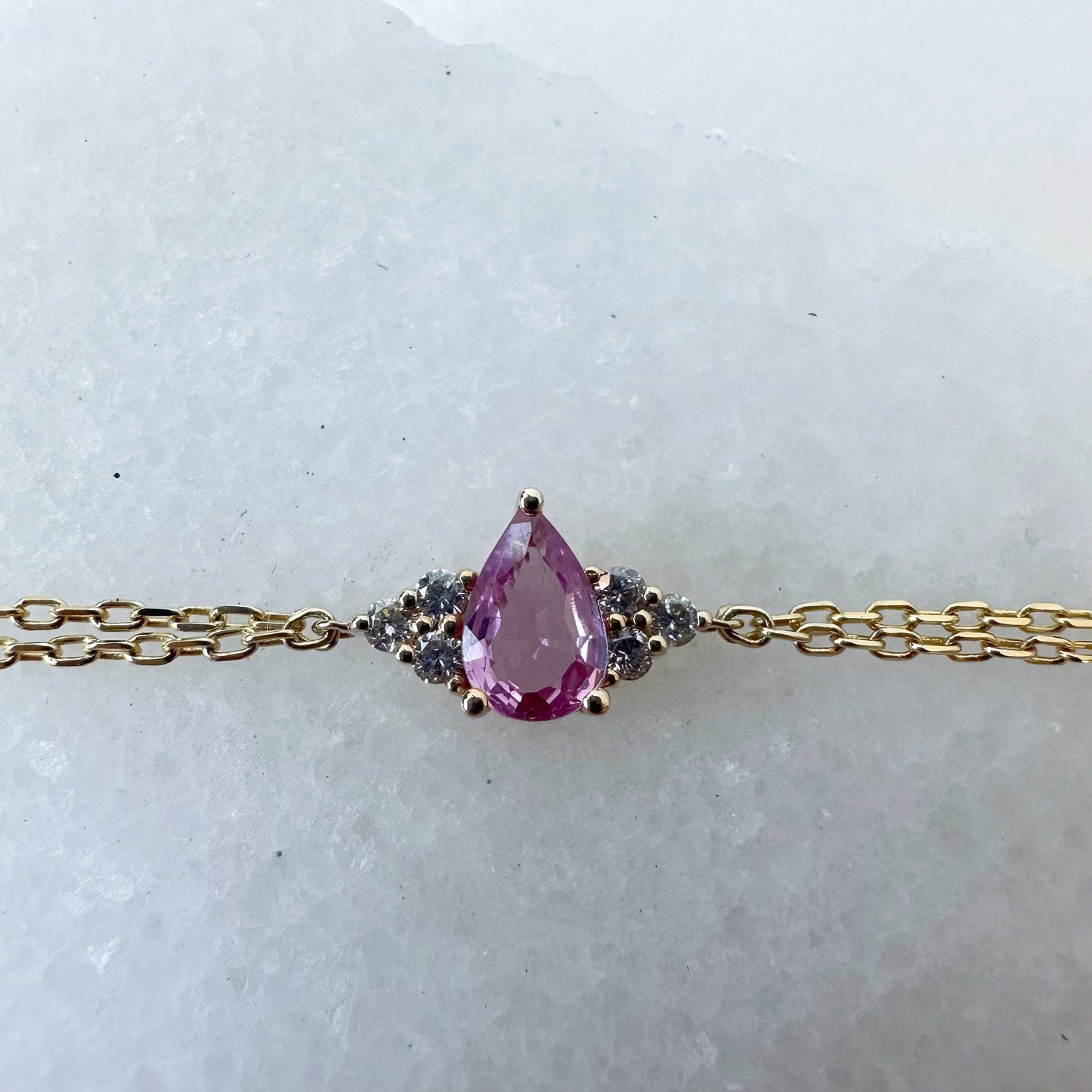 14K Solid Gold Genuine Pink Sapphire and Diamond Double Chain Bracelet