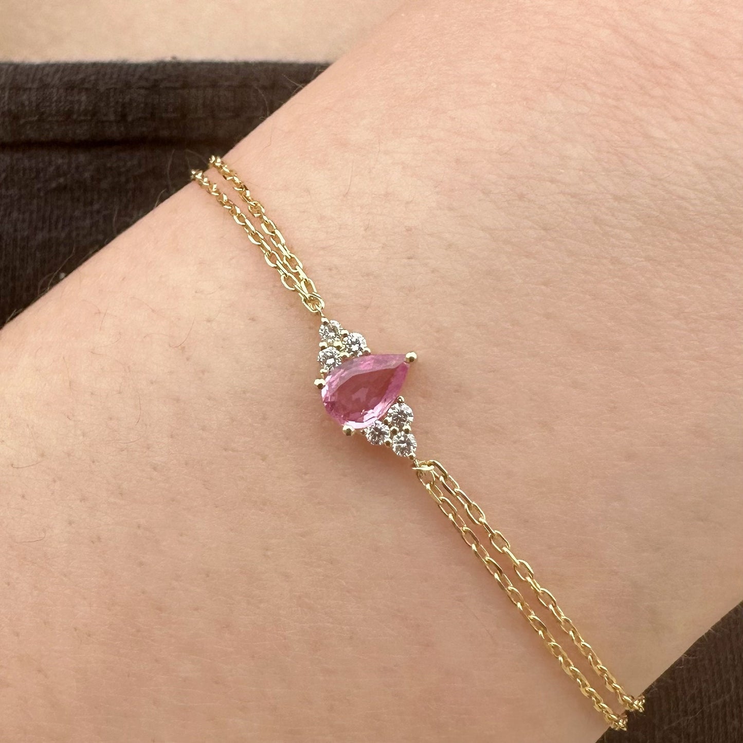 14K Solid Gold Genuine Pink Sapphire and Diamond Double Chain Bracelet