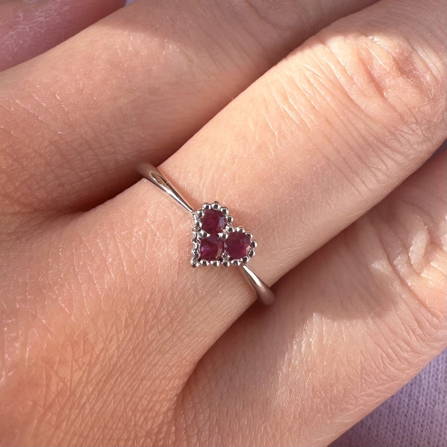 14K Solid White Gold Genuine Beaded Ruby Heart Ring