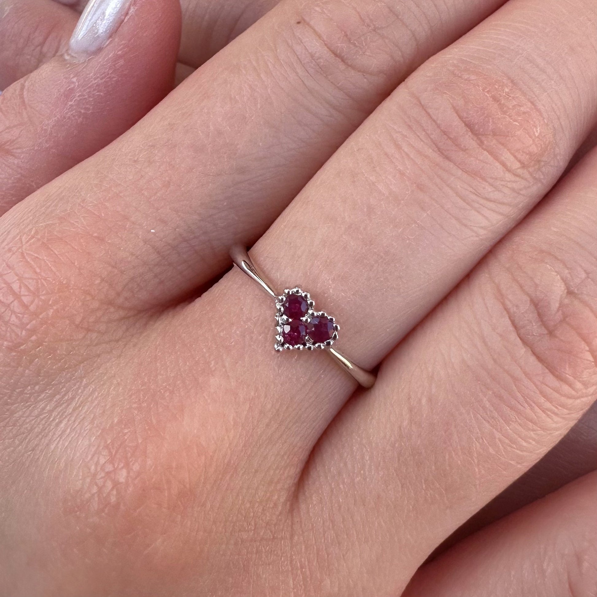 14K Solid White Gold Genuine Beaded Ruby Heart Ring