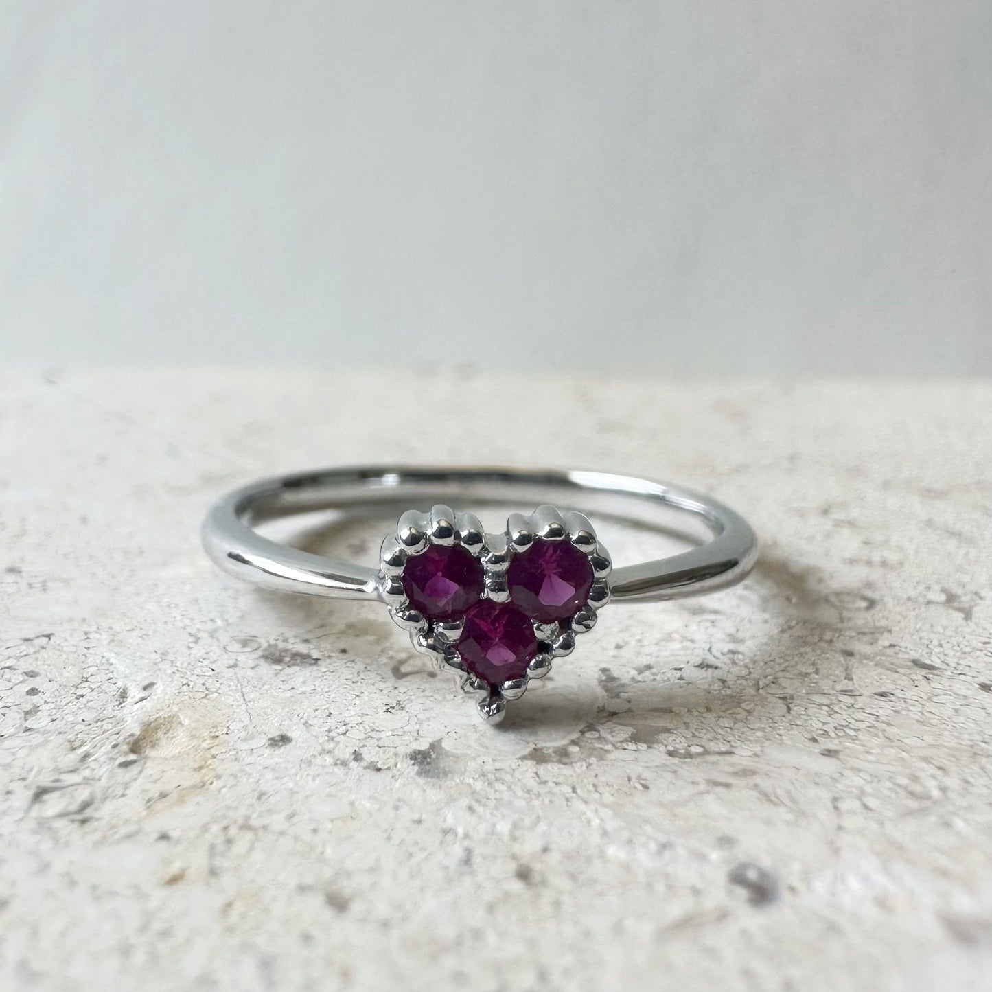 14K Solid White Gold Genuine Beaded Ruby Heart Ring