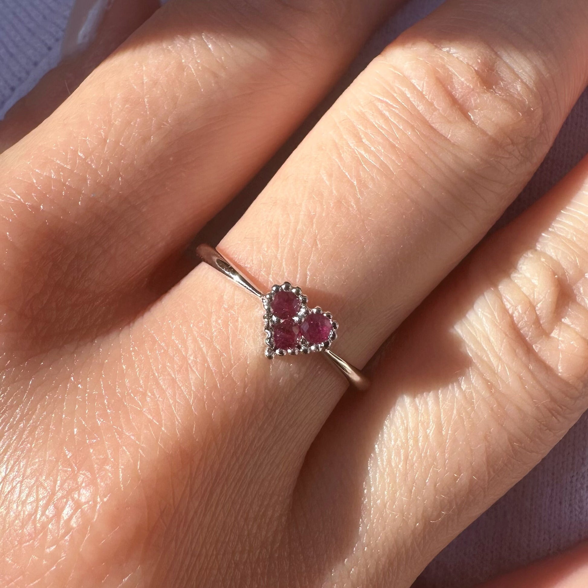 14K Solid White Gold Genuine Beaded Ruby Heart Ring