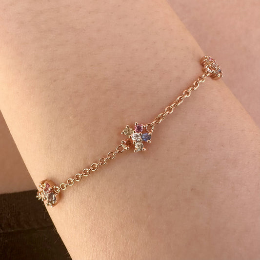 18K Solid Rose Gold Genuine Color Sapphire and Diamond Flowers Bracelet