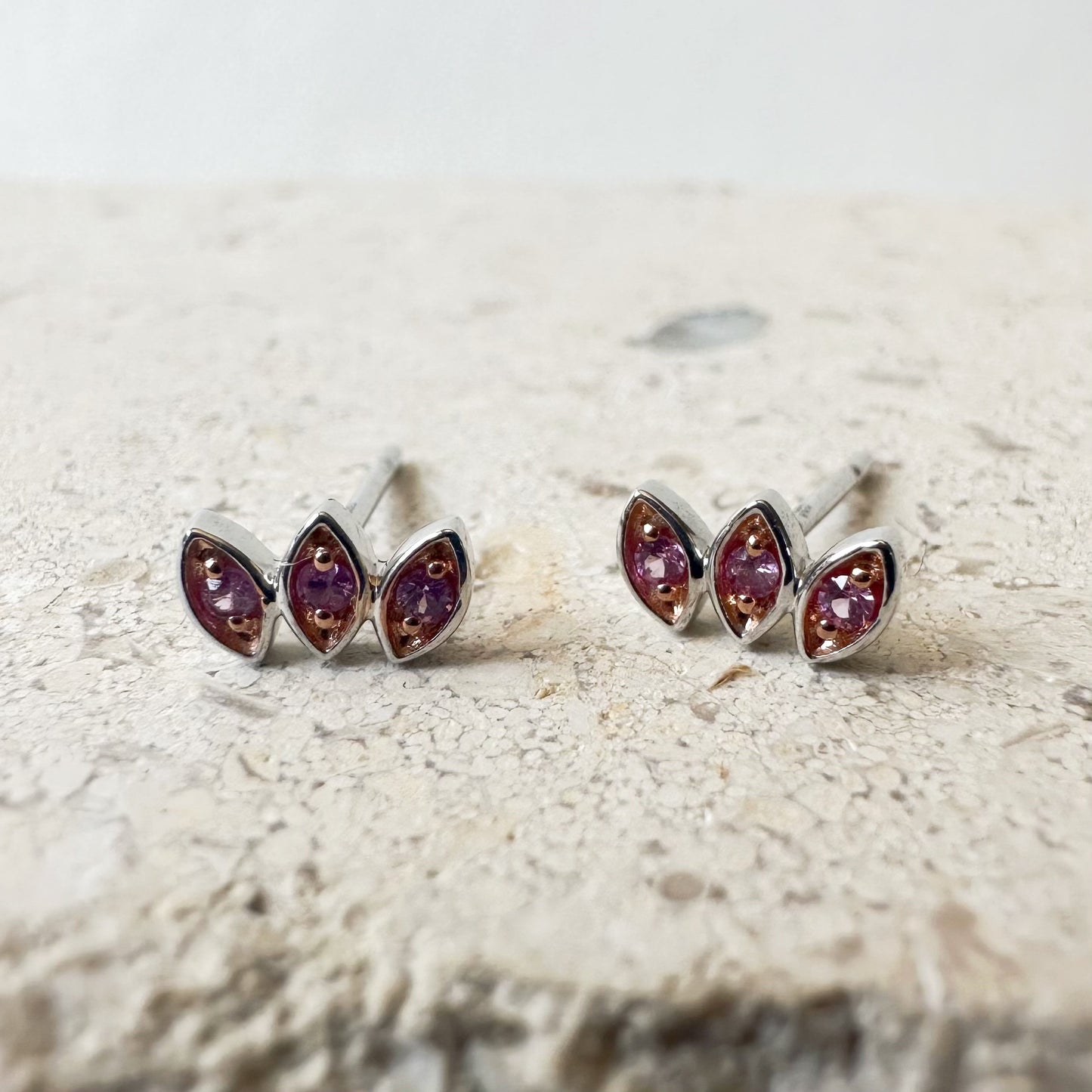 14K Solid Gold Genuine Pink Sapphire Bezel Leaf Studs/Pair