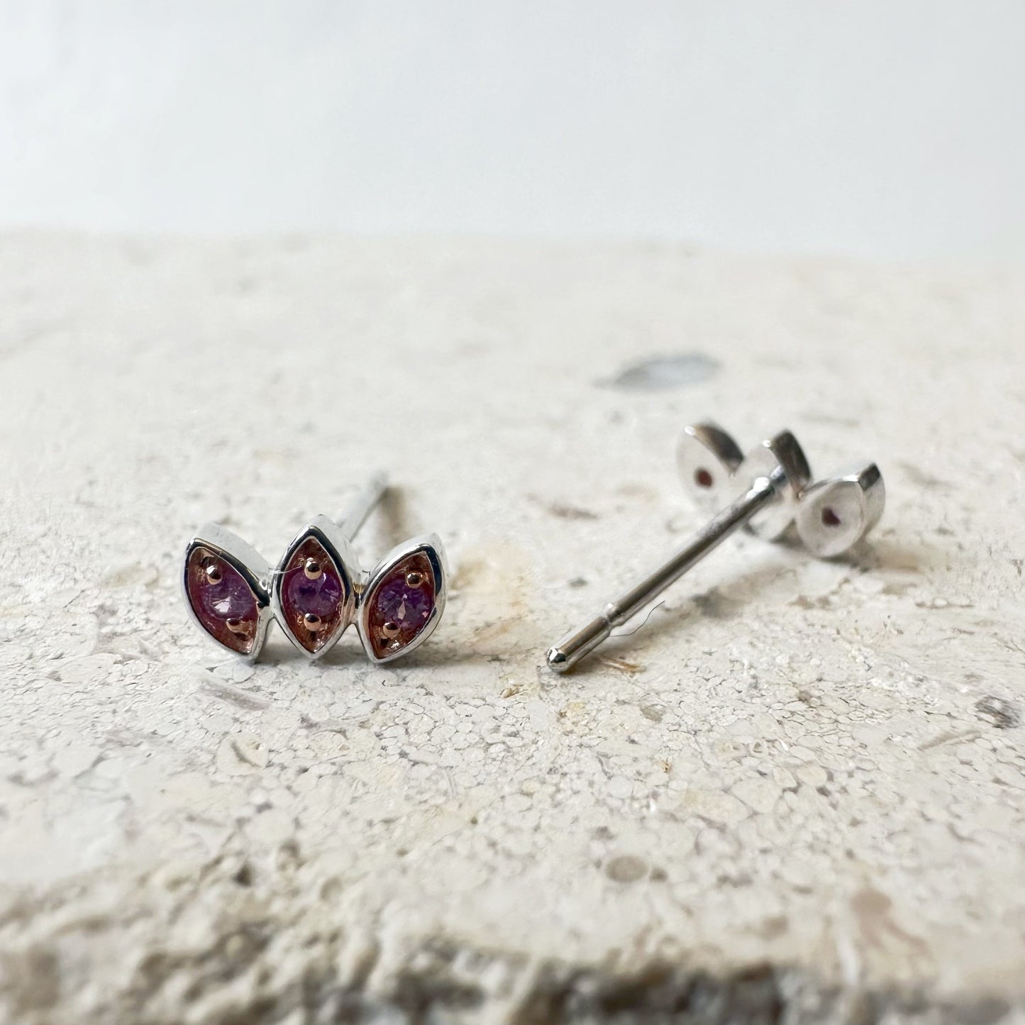 14K Solid Gold Genuine Pink Sapphire Bezel Leaf Studs/Pair