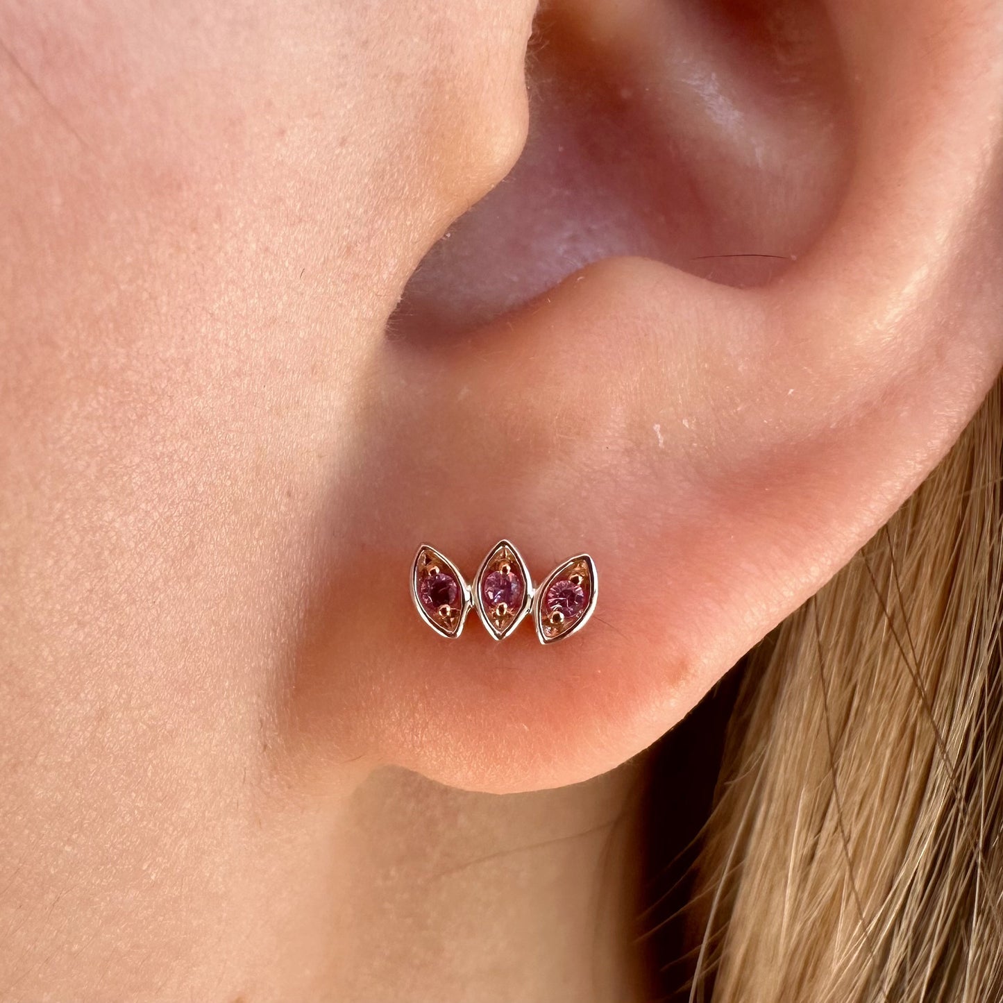 14K Solid Gold Genuine Pink Sapphire Bezel Leaf Studs/Pair