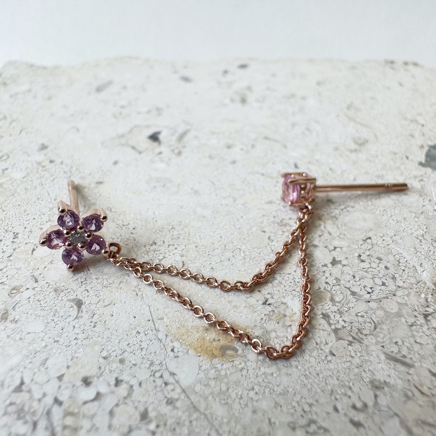 14K Solid Gold Genuine Pink Sapphire and Diamond Flower Double Piercing Chain Earrings/Pair