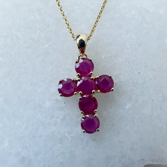 14K Solid Gold Genuine Round Ruby Cross Pendant