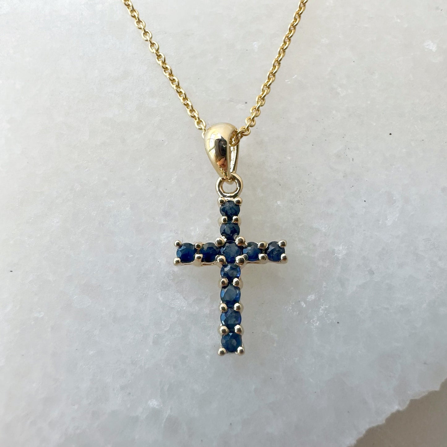 14K Solid Gold Sapphire Cross Pendant