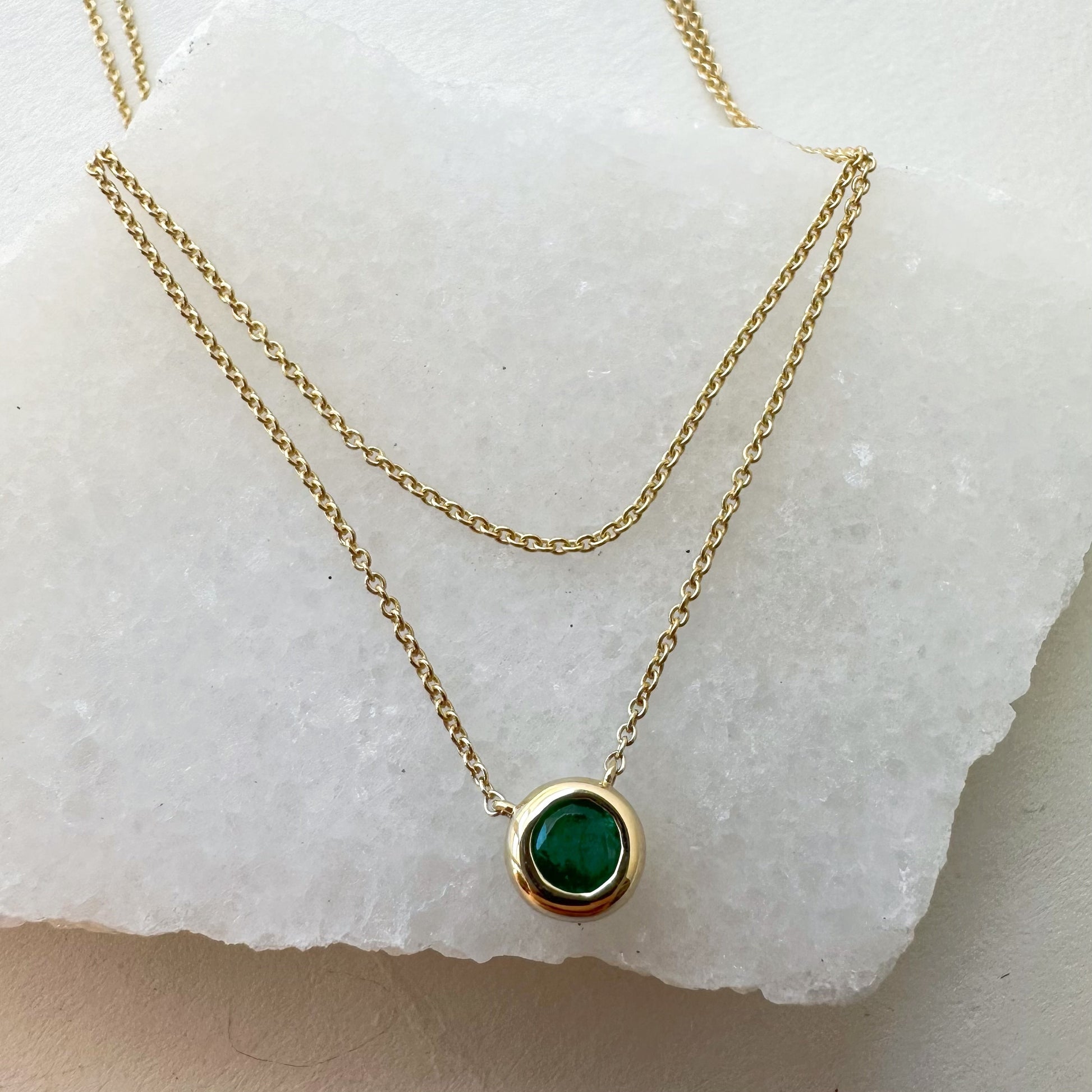 14K Solid Gold Genuine Emerald Bezel Double Chain Necklace