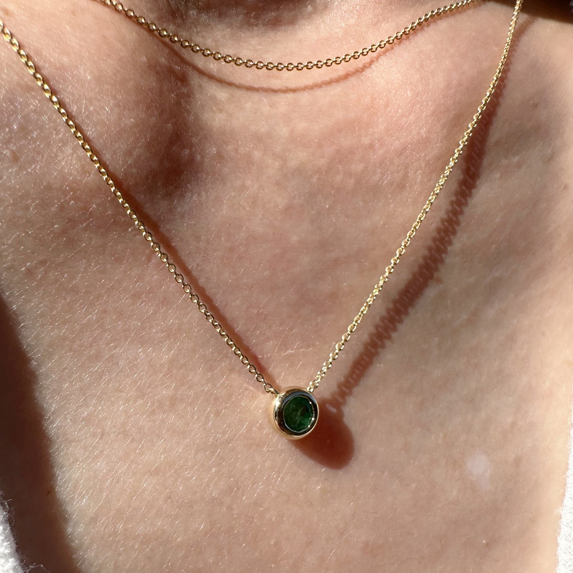 14K Solid Gold Genuine Emerald Bezel Double Chain Necklace